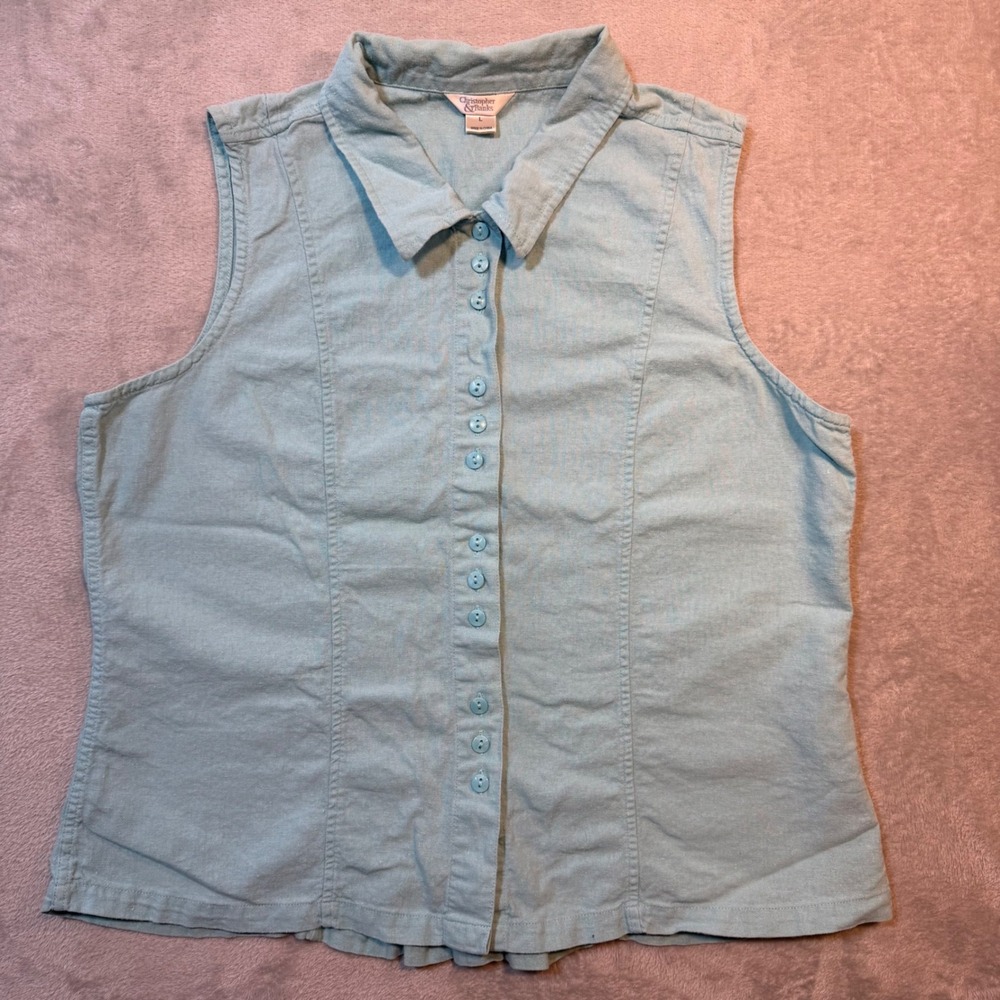 Aqua Blue Linen Blend Sleeveless Button Down‎ Collared Top Back Pleat Detail L